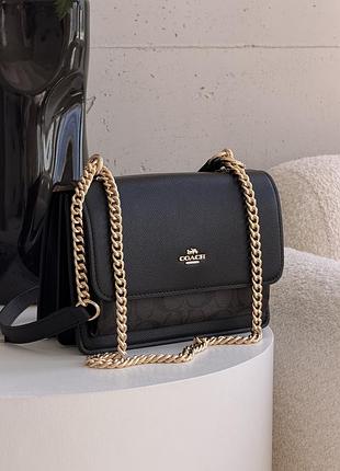Сумка коуч черная с коричневым кросс боди через плечо coach klare in signature canvas