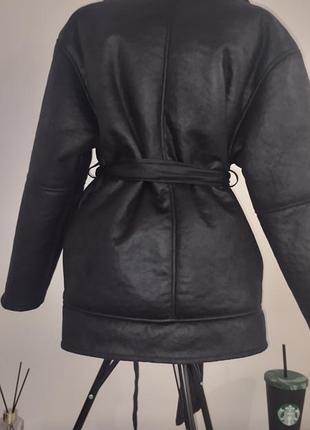 Черная дубленка куртка на поясе h&amp;m 3