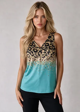 Майка-топ женская shein 🐆 леопардовый принт и эффект пайеток 🌿 бирюзовый низ 👚 размер m (eu 38) ✨ новая летняя трикотажная майка