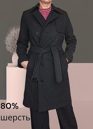Шерстяное женское пальто тренч gap sm двубортное 80% шерсть с поясом графит