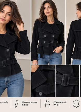 Жіноча куртка з натуральної замші vila ginko belt jacket, чорна, шкіряна, двобортна, з поясом, розмір m