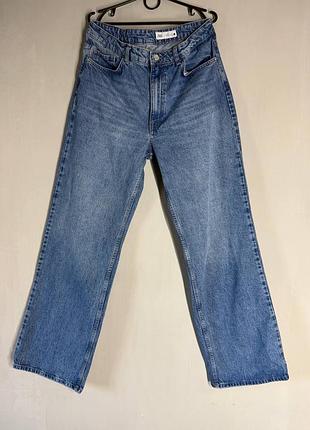 Жіночі блакитні широкі джинси zara wide leg / straight з високою посадкою (розмір l-xl / eur 44 / 100% бавовна)