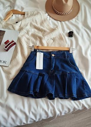 Темно-синяя джинсовая юбка-шорты на волане jeans s-m