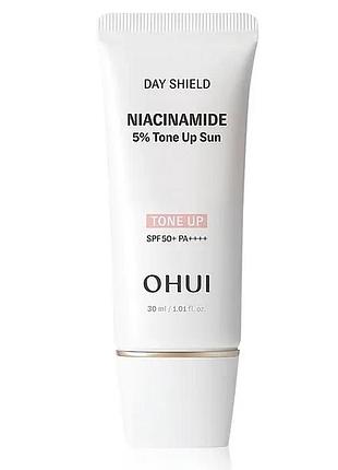 Миниатюра солнцезащитного крема для осветления пигментации пробник ohui day shield niacinamide 5% tone up sun spf50+ pa++++