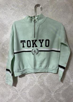 Жіночий світшот h&m укорочений м'ятний з написом tokyo
