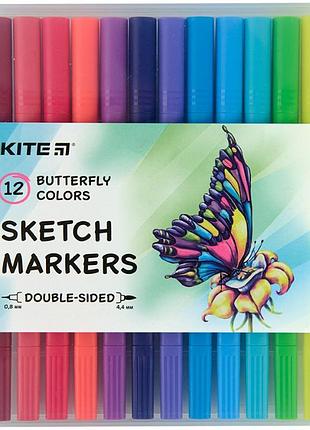 Скетч маркеры kite двусторонние, в пластиковом пенале, набор 12 шт butterfly