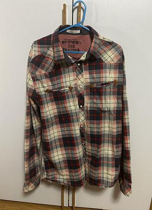 Чоловіча сорочка jack & jones картата в синьо-сіро-кремово-червону клітинку
