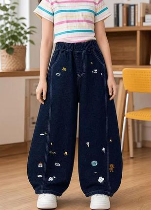 Детские джинсы wide leg для девочки 11–12 лет, темно-синие с вышивкой