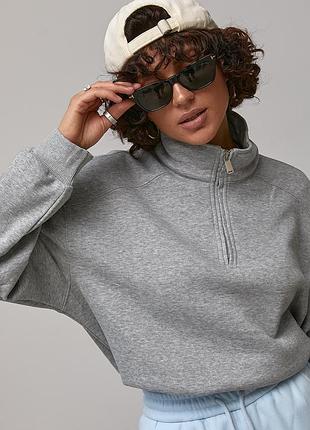 Женский теплый свитшот oversize с воротником-стойкой на молн цвет серый размер one size fl_003641