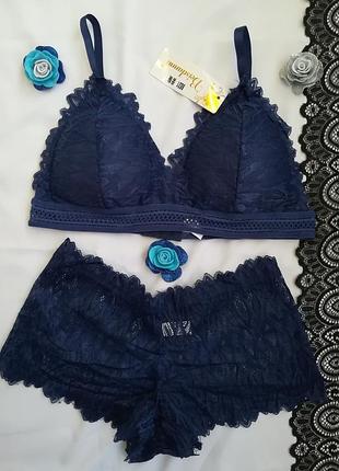 Кружевной комплект тёмно-синий, бралетт, шортики, білизна