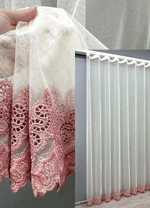 Тюль из ткани грек сетка, с вышивкой. цвет молочный с розовым