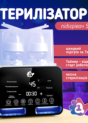 Стерилізатор і підігрівач для дитячого харчування a1 5в1 на 2 пляшечки цифровий з таймером, стерилізація яєць