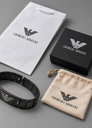 Браслет на руку для чоловіка armani чорний з нержавіючої сталі в подарунковій коробочці сучасний молодіжний аксесуар для хлопця