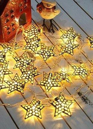 Led гірлянда золоті зірки 20 діодів 2 м, прозорий дріт | гірлянда світлодіодна "золоті зірочки"