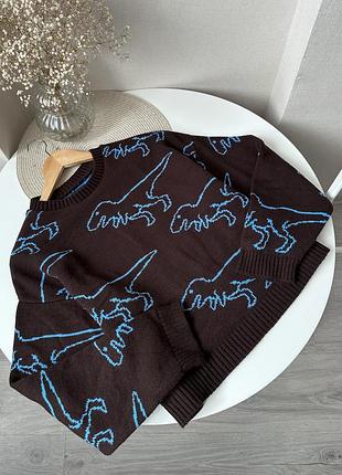 Коричневий светр оверсайз з принтом динозаври asos