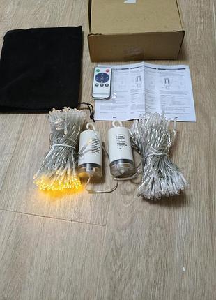 Светодиодная гирлянда на батарейках (2 шт по 15 м, 150 led) теплый свет с пультом ду и таймером