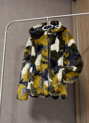 Жіноча демісезонна шубка desigual, жовта різнокольорова, штучне хутро, розмір 38 (s–m), з капюшоном
