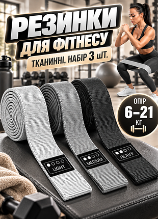 Резинки для фитнеса apex 438, тканевые, набор 3 шт., сопротивление 6-21 кг, для тренировок и спорта, разные цвета
