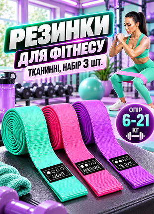 Резинки для фитнеса apex 438, тканевые, набор 3 шт., сопротивление 6-21 кг, для тренировок и спорта, разные цвета