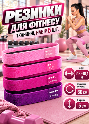 Резинки для фитнеса apex 437, тканевые, набор 5 шт., сопротивление 2.3–18.1 кг, для тренировок ног, бедер и реабилитации, розовые