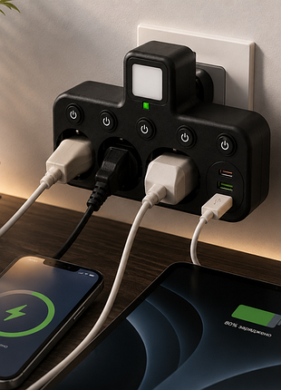 Мережевий фільтр з підсвічуванням 3 розетки, 2500вт (2хusb + type-c) / мережевий трійник / адаптер в розетку