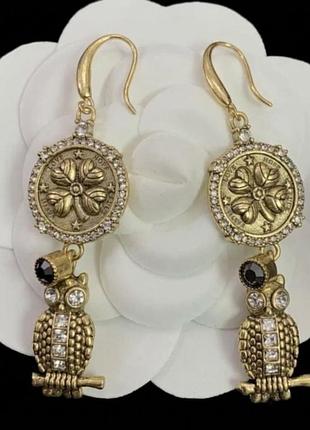 Сережки-підвіски alexander mcqueen «coin clover&owl drop» з монетою та совою преміум'якістю