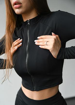 Спортивная женская короткая кофта на молнии (кроп-рашгард с длинным рукавом) из бифлекса s