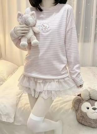 Ніжний рожевий лонгслів у смужку з котиком (японський стиль / kawaii / y2k)