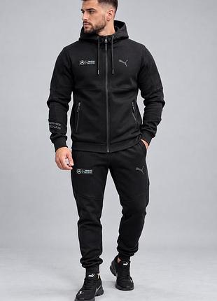 Чоловічий зимовий спортивний костюм puma mercedes amg на байці лакоста  чорний туреччина
