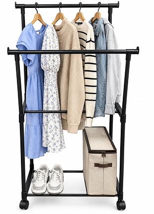 Напольная двойная вешалка для одежды и обуви storage hanger 6037 / 2032 / передвижная стойка для одежды на колесиках 60x35x141см