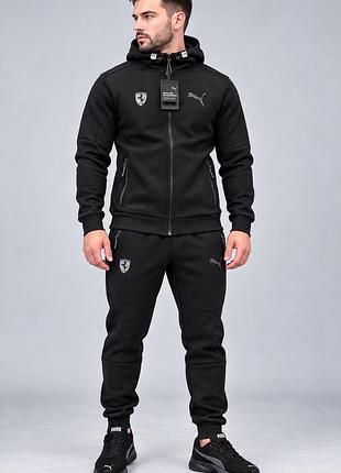 Чоловічий зимовий спортивний костюм puma ferrari на байці лакоста трикотаж  чорний туреччина