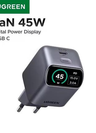 Зарядное устройство ugreen 45w gan fast charger eu (green union x740) type-c с дисплеем