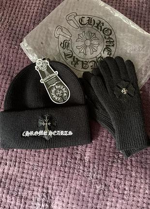 Жіночий комплект chrome hearts шапка біні та рукавички, чорний