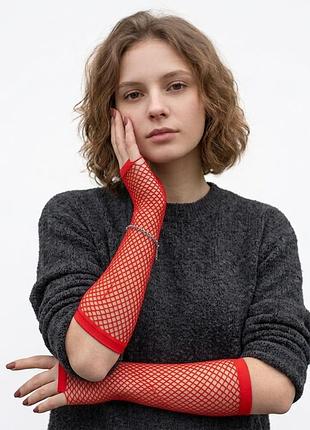 Митенки в сеточку длинные красные 30к003