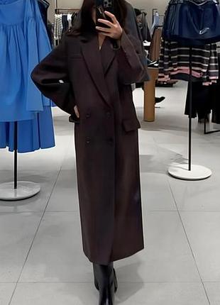 Двобортне жіноче пальто zara вовняне темно-коричневе