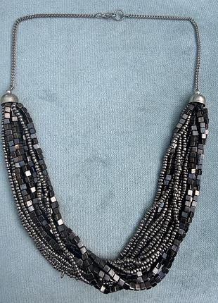 Масивне багаторядне кольє-водоспад під гематит (statement necklace)