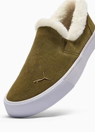 Теплые женские слипоны кеды кроссовки puma bari comfort shearling sherpa olive