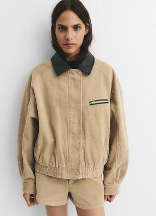 Песочная куртка из вельвета в стиле рабочего с кожаным воротником pull &amp; bear 7700/355/711zara