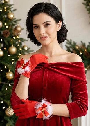 Перчатки новогодние с бантиком красные 30к042