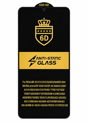 Захисне скло anti-static glass 6d для xiaomi redmi 9a/9c/a10/realme c31/c33/narzo 50a/oppo a53s/a16/vivo y20s/samsung a12/a03 core/poco c31