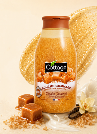 🧡250ml отшелушивающий гель-эксфолиант для душа cottage exfoliating shower gel gommage сладкая карамель, франция