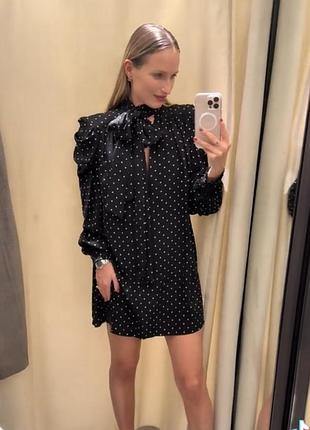 Трендовое платье zara zw collection в горошек, с шарфом-каваткой на вороте 9261/122/800