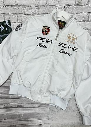 Чоловіча вінтажна куртка-вітровка la martina x porsche polo team спортивна y2k оригінал біла на з вишитим логотипом бу l повсякденна класична легка