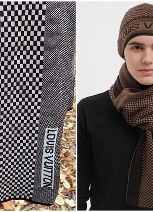 Винтажный коричневый шарфик,шахматный узор damier и контрастная полоса с брендингом