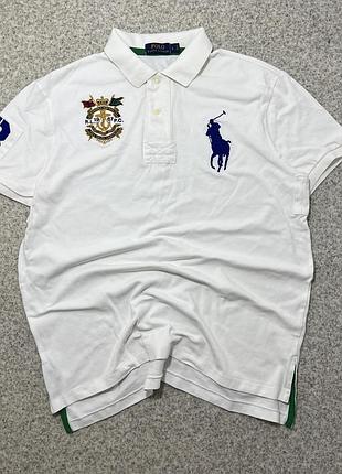 Мужская белая футболка поло polo ralph lauren оригинал размер l с большим вшитым логотипом вышивкой на рукаве цифра 3 летняя теннисика big pony