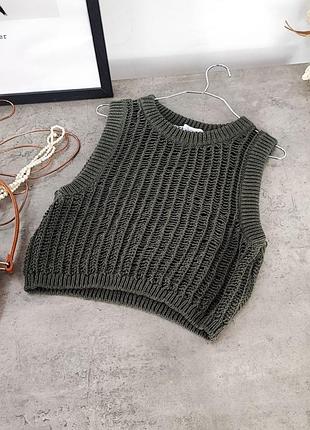 Серо-зеленый ажурный топ-безрукавка zara