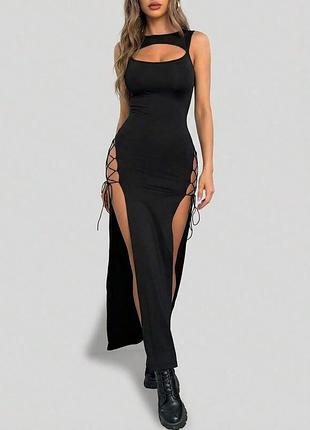Длинное черное платье с боковыми разрезами taobao