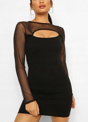 Чорна коротка сукня з гіпюровими рукавами prettylittlething #4799