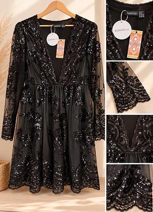 Нова сукня boohoo з бірками, чорна вечірня з паєтками, uk 18 / eu 46
