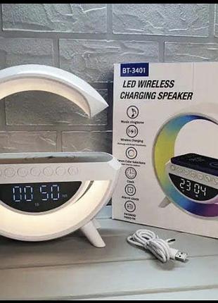 Світильник з бездротовою зарядкою для телефону bt-3401 колонка bluetooth fm радіо нічник rgb підсвічування різнокольоровий